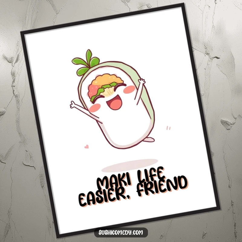 Funny Free Printable Wall Art: A delighted maki roll performing an energetic cartwheel, adding a humorous dynamic.