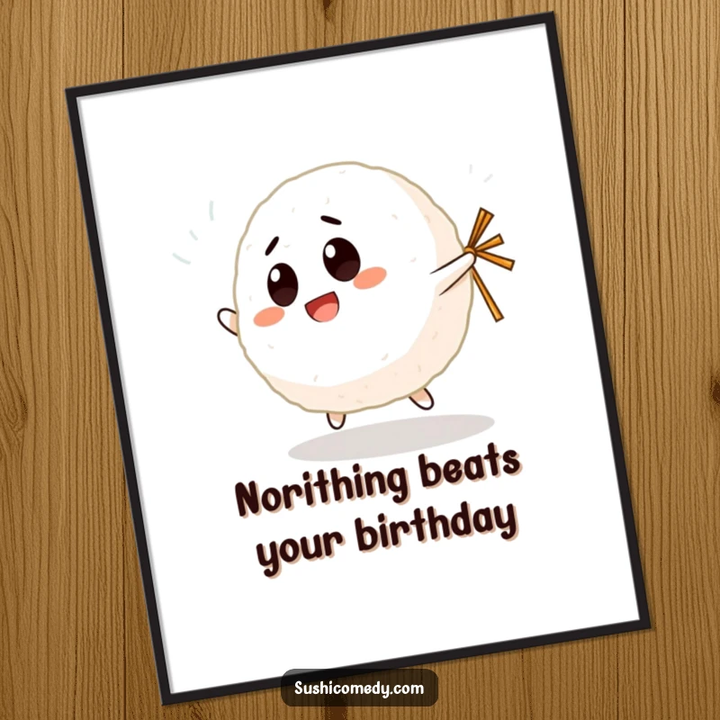 Funny Free Printable Wall Art: A giggling rice ball character enthusiastically bouncing with a tiny nori strip, full of joy.