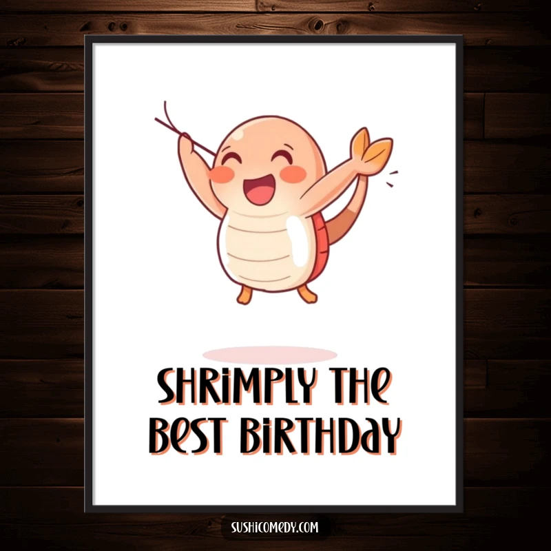 Funny Free Printable Wall Art: A happy shrimp sushi character captured mid-leap, expressing pure joy and excitement.