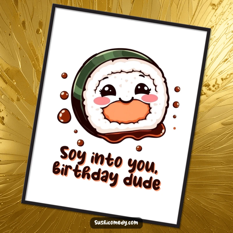 Funny Free Printable Wall Art: A smiling sushi piece capturing a playful spin with soy sauce, adding whimsy to decor.