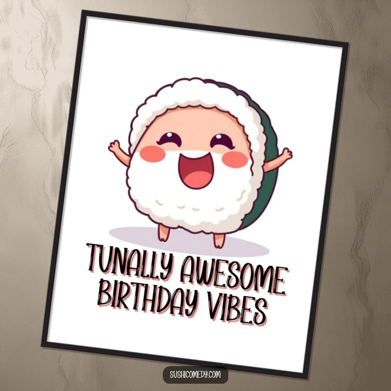 Funny Free Printable Wall Art: A cheerful tuna sushi piece wiggling energetically with excitement, adding fun to any room.