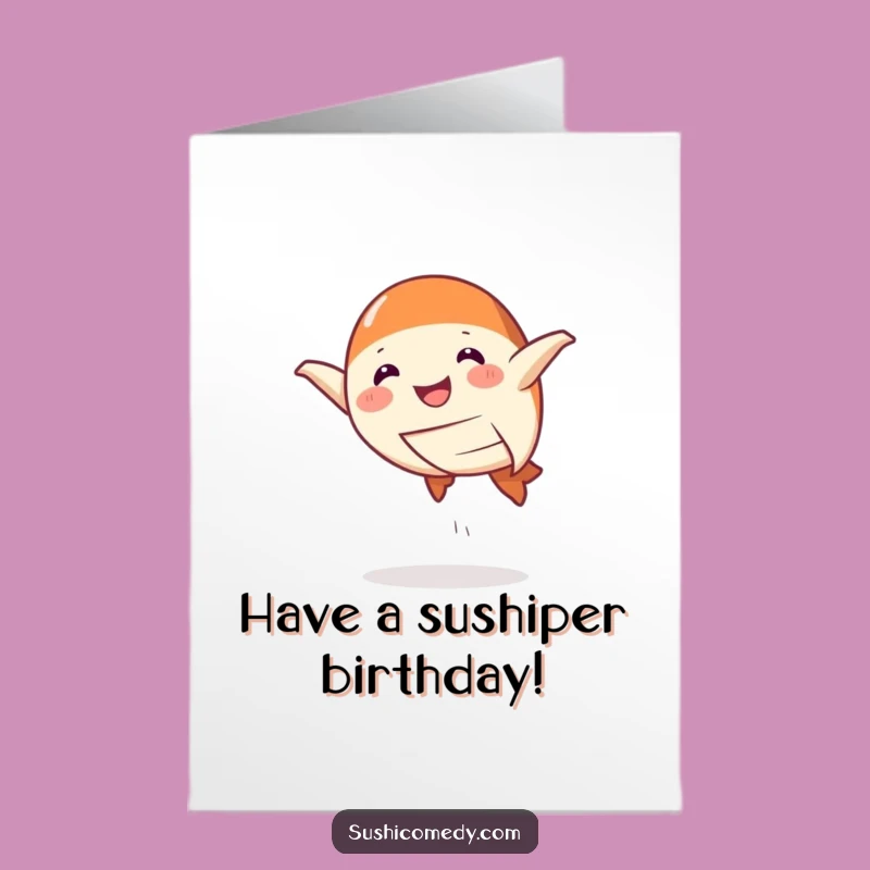 Free Printable Funny Birthday Card: Smiling Salmon Nigiri Leap, Hilarious Downloadable Greeting Gift