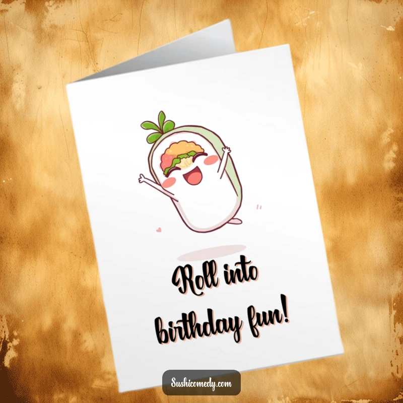Funny Free Printable Birthday Card: A delighted maki roll performing a dynamic cartwheel, celebrating birthday fun.