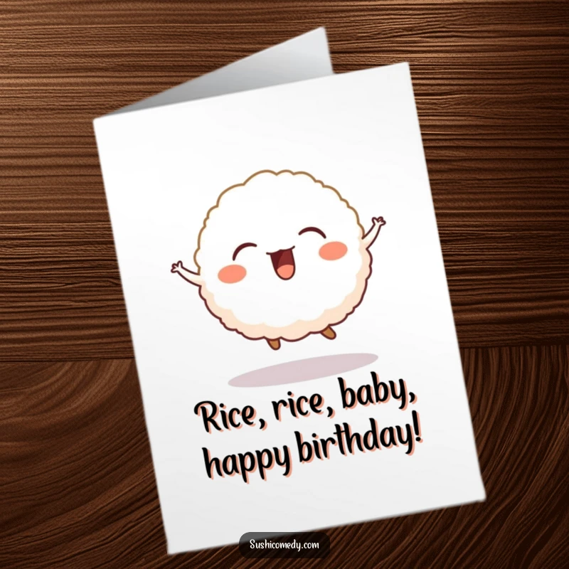 Funny Free Printable Birthday Card: A happy rice ball caught mid-jump, giggling with pure birthday delight.
