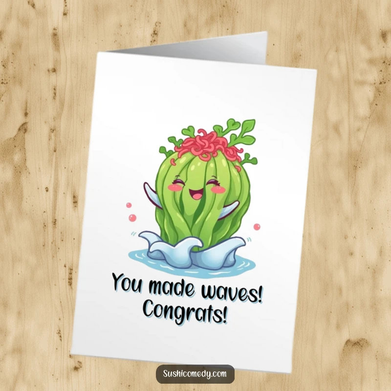 Funny free printable congratulations card of a happy seaweed salad waving enthusiastically to celebrate.