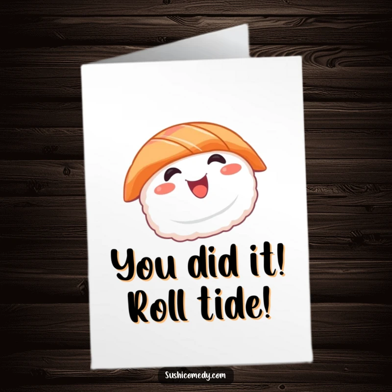 Funny Free Printable Congratulations Card: A smiling salmon sushi doing a happy spin, a delightful DIY gift.