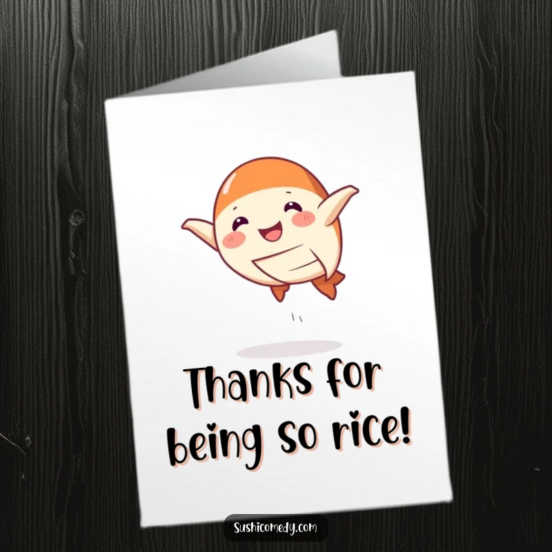 Funny Free Printable Thank You Card: Smiling salmon nigiri doing a playful leap, sending thanks with sushi-inspired cheer.