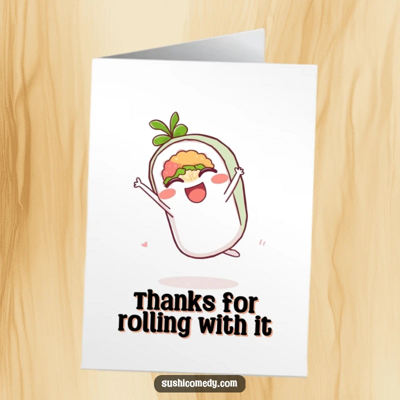 Funny Free Printable Thank You Card: A happy maki roll doing a cartwheel, humorously conveying thanks.