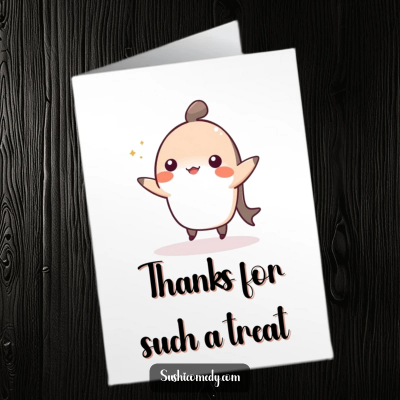 Funny Free Printable Thank You Card: A happy nigiri doing a cute dance, humorously conveying thanks.