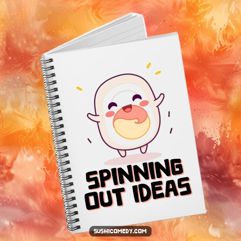 Funny California roll sushi notebook, jovially spinning with delight, a fun and practical stationery item.