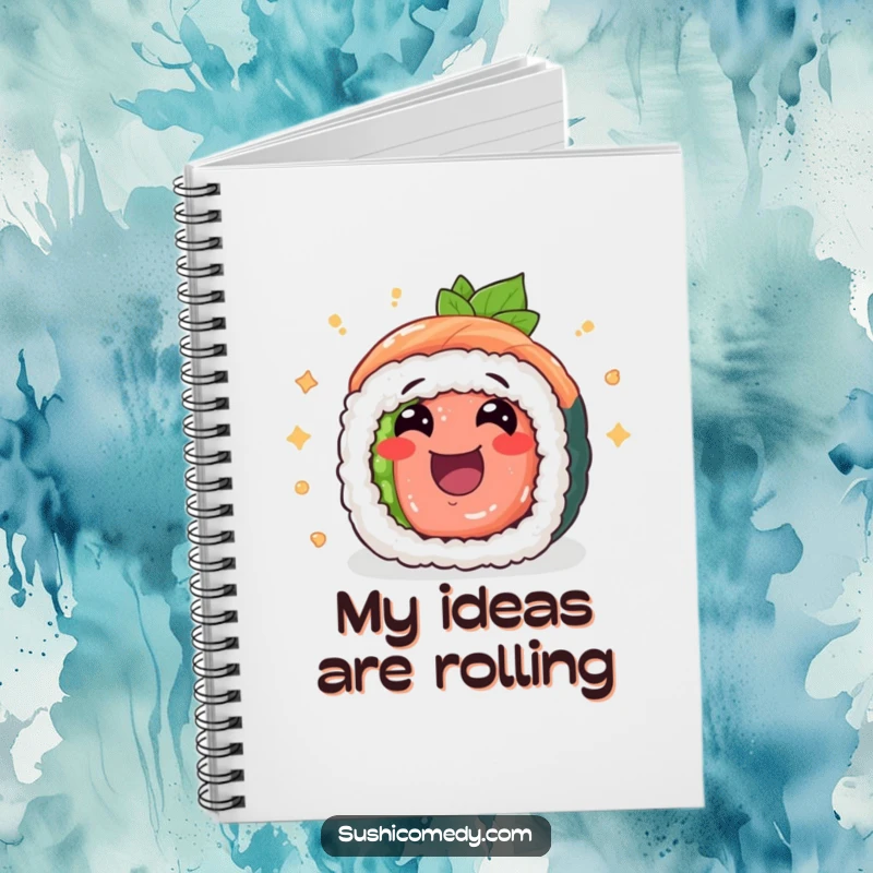 Funny tuna maki sushi roll notebook, cheerfully rolling with excitement, a fun and practical stationery item.