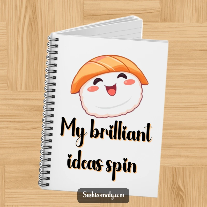 Funny sushi notebook with a smiling salmon sushi character spinning on the cover, ideal for note-taking and journaling.