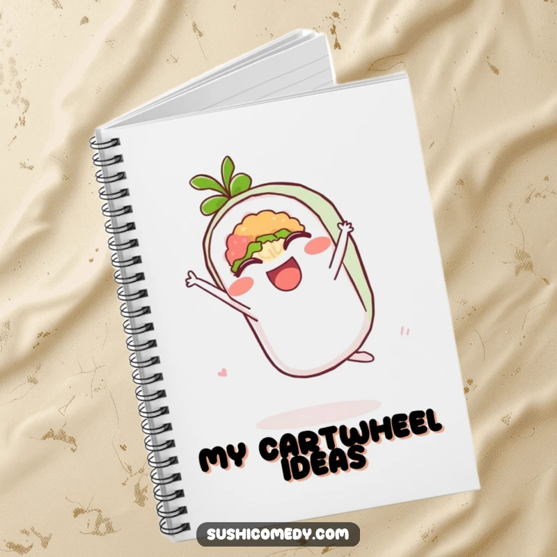 Funny notebook cover art of a delighted maki roll mid-cartwheel, inspiring happy note-taking.