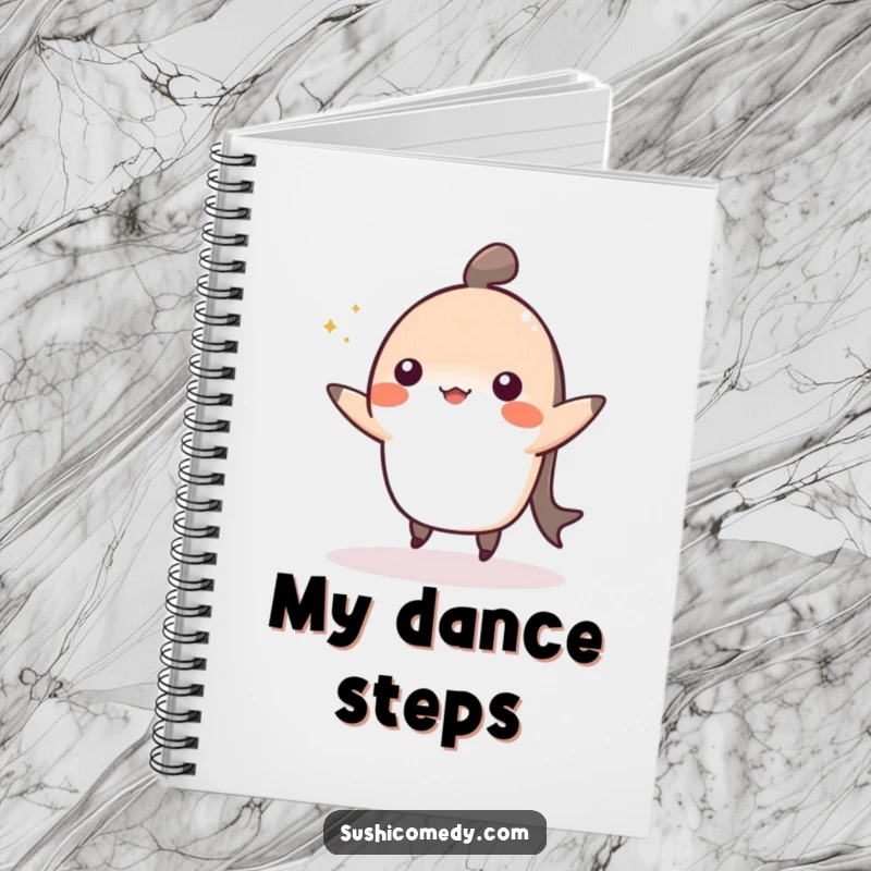 Funny notebook cover art of a cheerful nigiri mid-dance, inspiring happy note-taking.