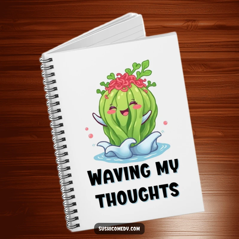 Funny seaweed salad notebook, happily performing a gentle wave, a fun and practical stationery item.