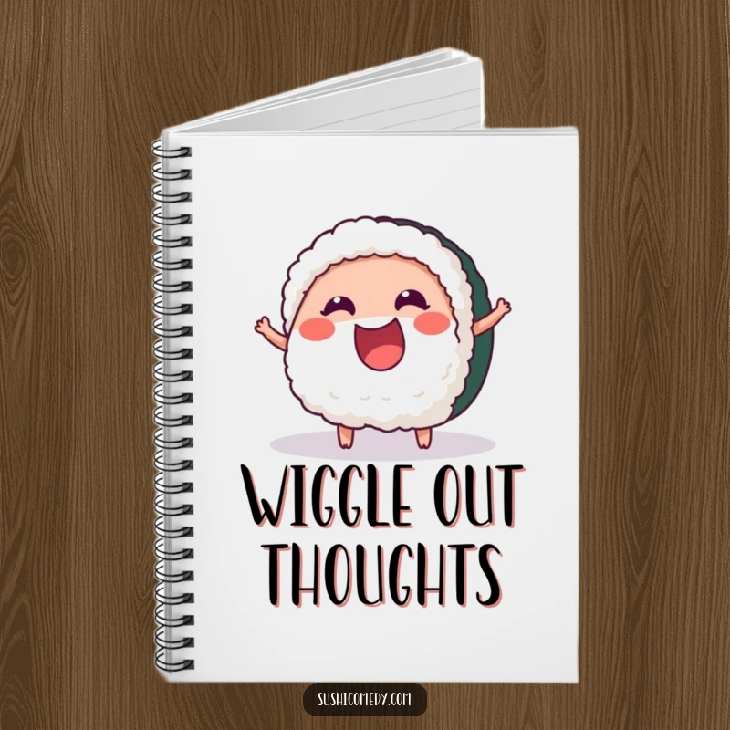 Funny Cheerful Tuna Sushi Notebook cover art depicting a happy tuna sushi piece wiggling with excitement, inspiring creativity.