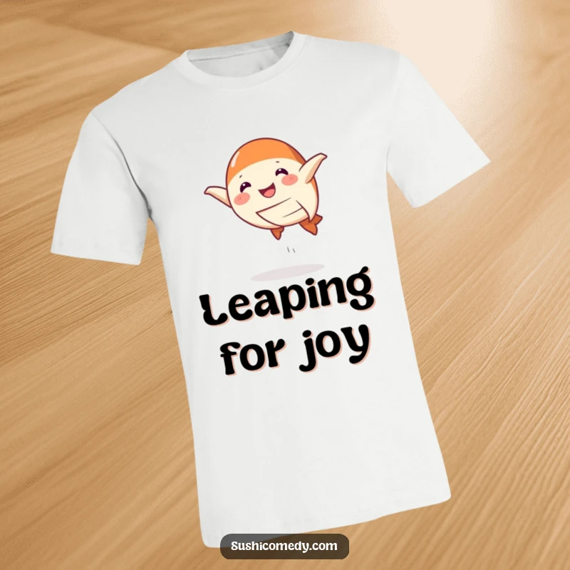 Funny T-Shirt featuring a smiling salmon nigiri performing a playful leap, celebrating the joy of sushi and fun.