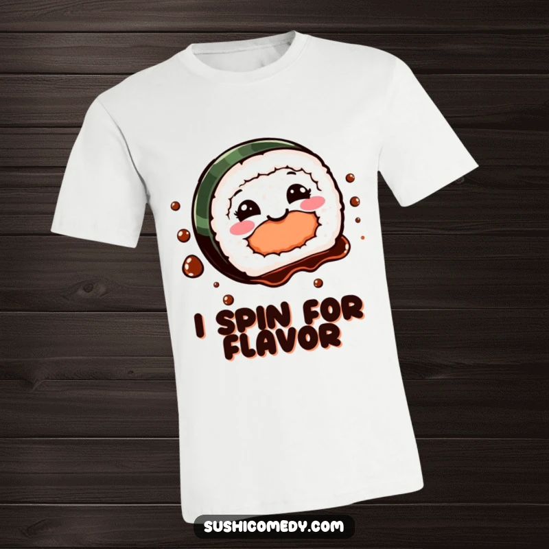 Funny Sushi Spin T-Shirt with a smiling sushi piece doing a balletic spin, with soy sauce artfully splashed, looking happy.