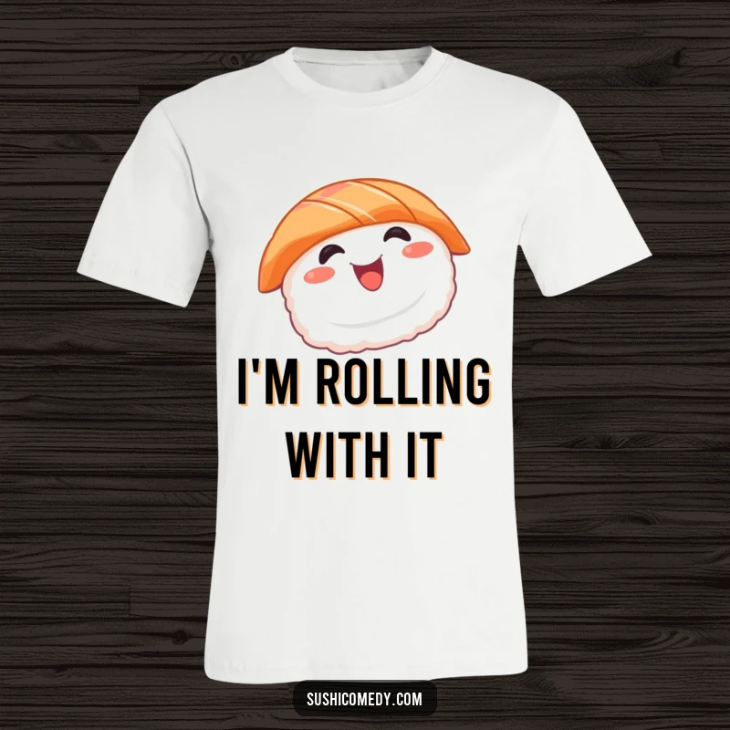 Funny salmon sushi t-shirt with a happy spinning character illustration, great for casual wear and sushi fans.