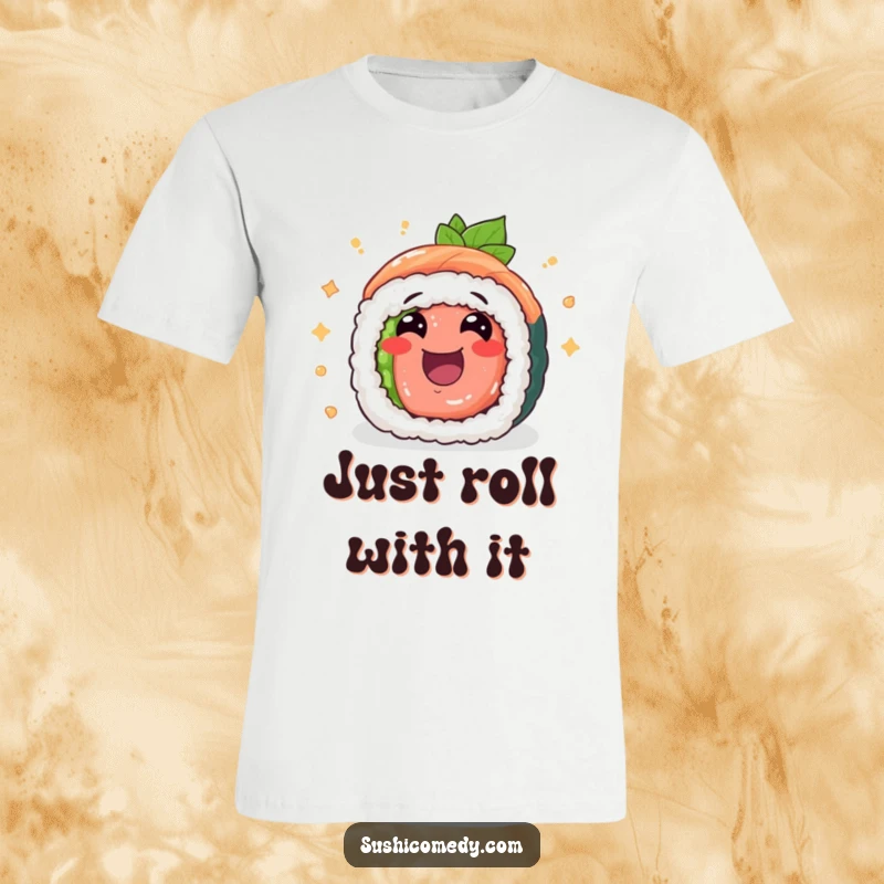 Funny tuna maki sushi roll t-shirt, cheerfully rolling with excitement, a comfortable and hilarious tee.