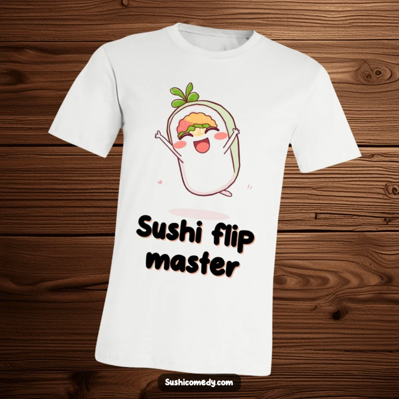 Funny t-shirt graphic of a delighted maki roll doing an energetic and fun cartwheel.
