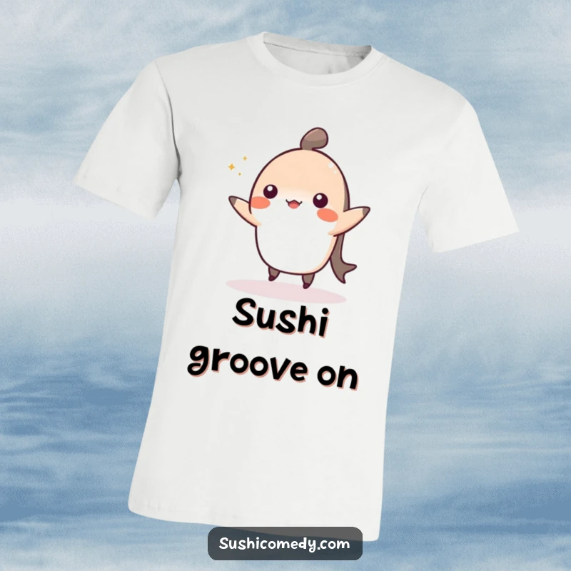 Funny t-shirt graphic of a happy nigiri doing an energetic and cute little dance.
