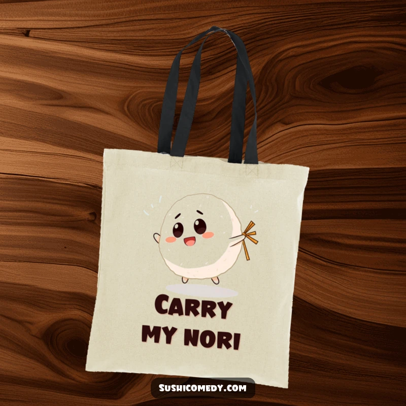 Funny Giggling Rice Ball Tote Bag showcasing a happy rice ball character bouncing with a tiny nori strip, radiating pure glee.