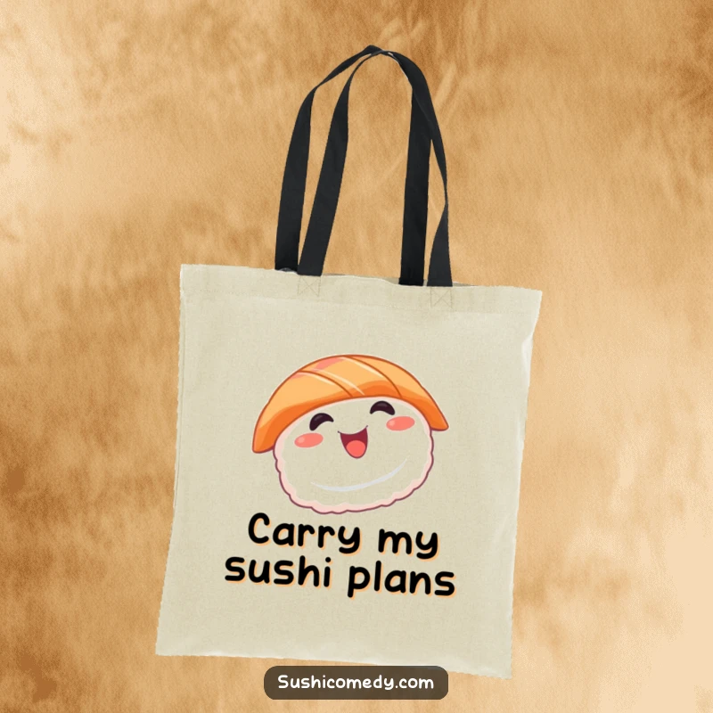 Funny sushi tote bag showcasing a smiling salmon sushi character doing a happy spin, ideal for shoppers and sushi fans.