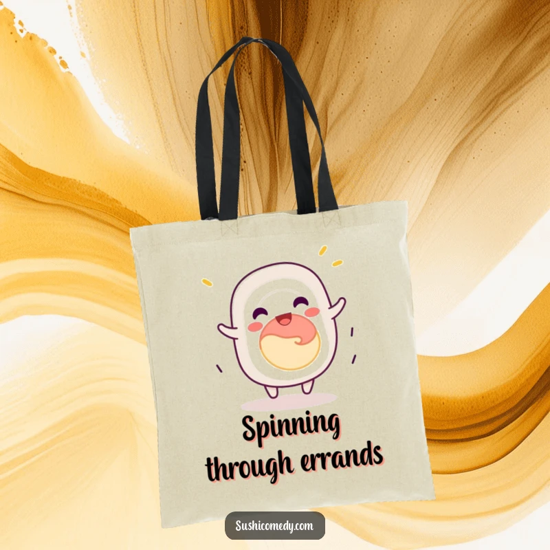 Funny California roll sushi tote bag, jovially spinning with delight, a practical and humorous accessory.