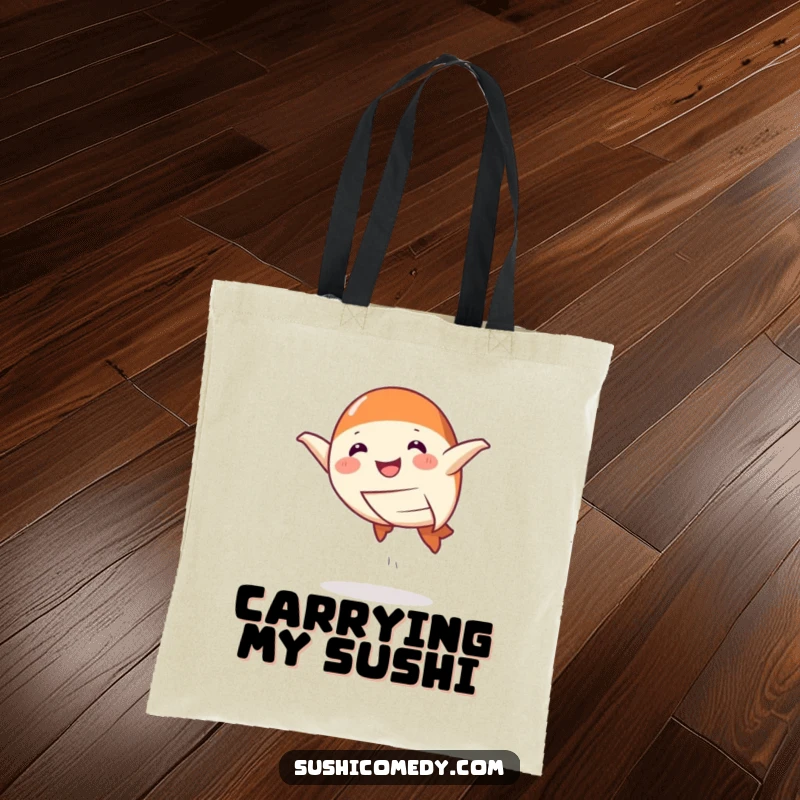 Funny Tote Bag showcasing a smiling salmon nigiri doing a playful leap, symbolizing the joy of food and fun.