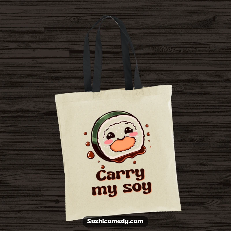 Funny Sushi Spin Tote Bag showcasing a smiling sushi piece performing a graceful spin, enhanced by a playful soy sauce splash.