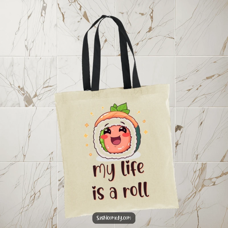 Funny tuna maki sushi roll tote bag, cheerfully rolling with excitement, a practical and humorous accessory.